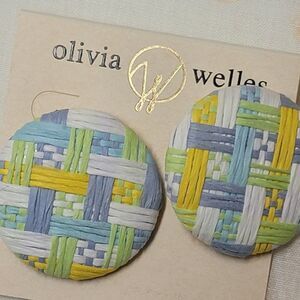 Olivia Wells Patchwork Earrings Woven Blue Green Yellow Pastels NEW